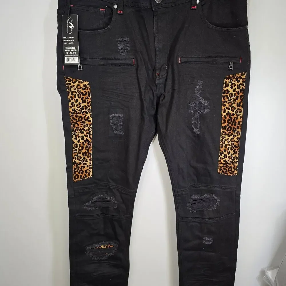 Makobi Big & Tall Ripped Repair Jeans With Leopard Print Patch Black 40/32 NWT